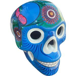 Day of the Dead Sugar Skull Mexican Folk Art BLUE Clay Pottery Ceramic 6x4.5”